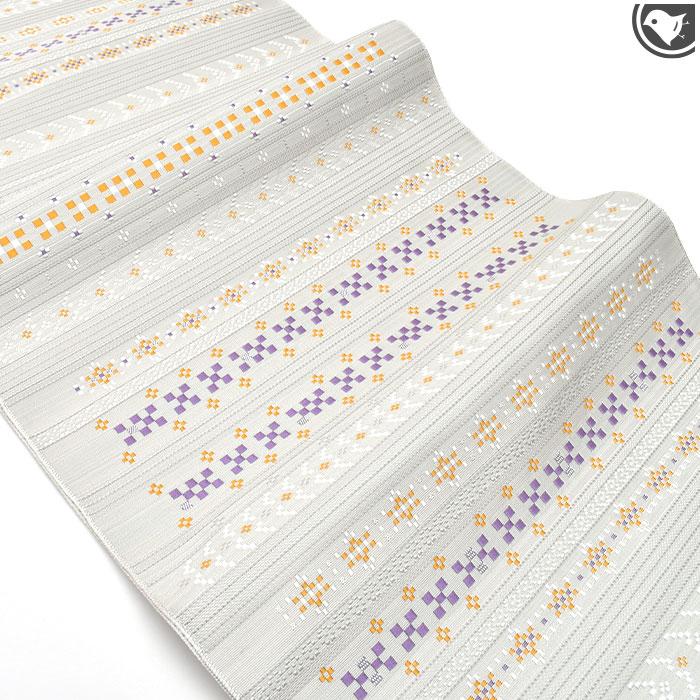 ガ*グ様 本場筑前博多織 名古屋帯 縞に花うさぎ 大胆な花柄 八寸 正絹 AO- 本場筑前博多織 名古屋帯 縞に美しい花や花うさぎ 八寸 正絹 AO