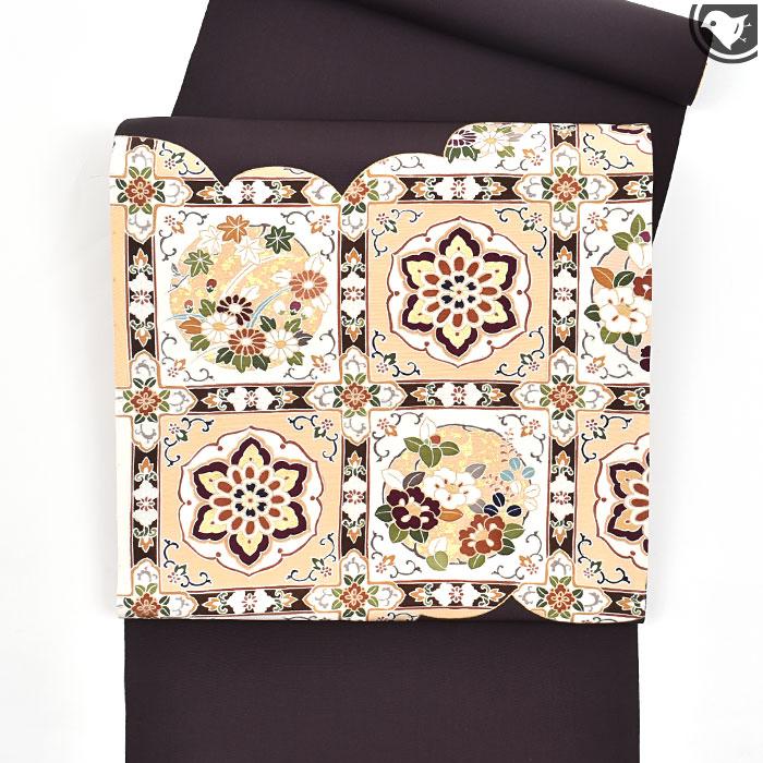 塩瀬帯 京都老舗染屋 謹製 格天井文 本加工友禅染め 九寸 名古屋帯