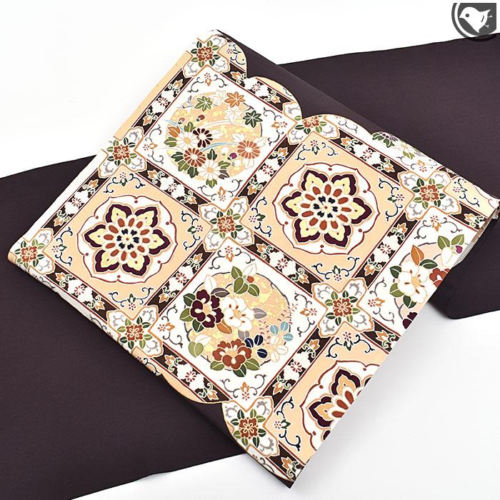 塩瀬帯 京都老舗染屋 謹製 格天井文 本加工友禅染め 九寸 名古屋帯