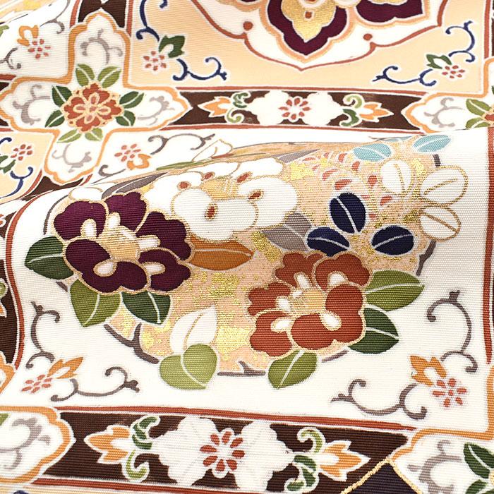 塩瀬帯 京都老舗染屋 謹製 格天井文 本加工友禅染め 九寸 名古屋帯