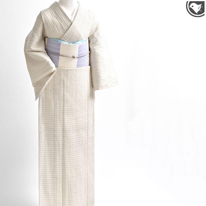 単衣/夏) 本麻 夏帯 本場小千谷縮 作家 樋口隆司 作 縞入り市松 九寸