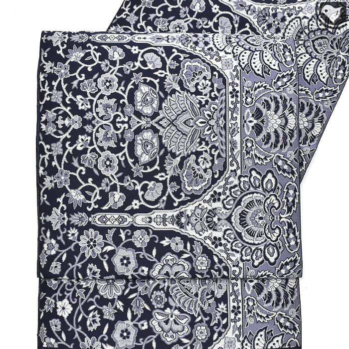 本藍染め 博多帯 老舗 筑前織物 謹製 枠更紗文様 金印 八寸名古屋帯