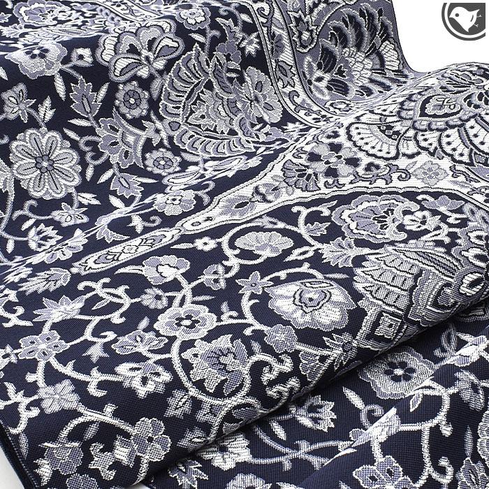 本藍染め 博多帯 老舗 筑前織物 謹製 枠更紗文様 金印 八寸名古屋帯