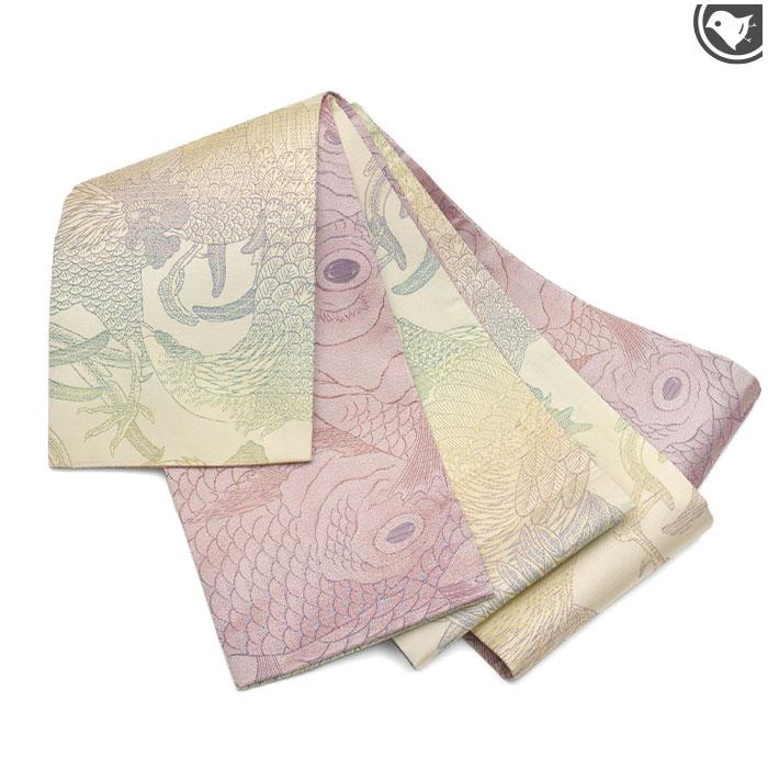 岡重 半幅帯 京の名門 西陣御召 鯛と群鶏 両面柄 正絹 日本製 お