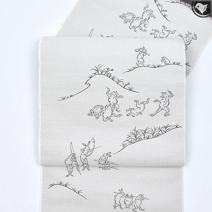 未使用品　和服帯　西陣織　正絹　鳥獣戯画模様　名古屋帯(老舗おぐら謹製) 楽天市場】【鳥獣戯画】半幅帯（長尺）琳派 鳥獣戯画 西陣織 老舗