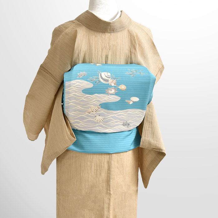 単衣/夏帯 絽塩瀬 (別注染め)十日町友禅 秀美 謹製 貝殻 九寸 名古屋帯