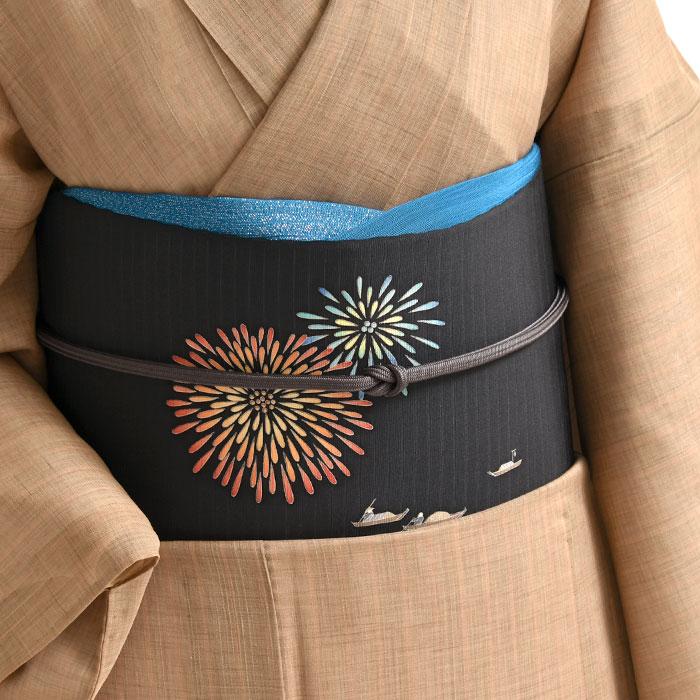 夏帯 十日町 秀美 絽塩瀬 秀美 謹製 花火屋形舟 九寸 正絹名古屋帯 黒の画像