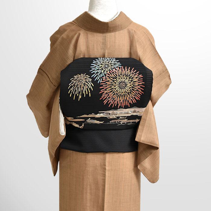 夏帯 十日町 秀美 絽塩瀬 秀美 謹製 花火屋形舟 九寸 正絹名古屋帯 黒の画像