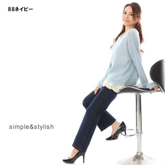 デニム ストレート パンツ レディース ジーンズ ジーパン ストレッチ インディゴ ズボン 股上深め ゆるフィット 美脚 脚長 61 64 67 70 73 ブラック ネイビー｜e-palette｜13