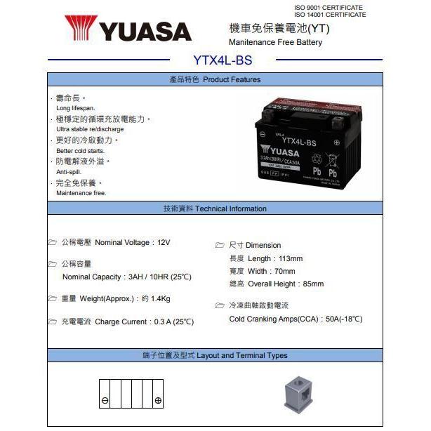台湾ユアサバッテリー YUASA YTX4L-BS / AGMバッテリー ジョルカブ ブロード50 ベンリー50 NSR250R FTR250 NS-1 クロスカブ ロードフォック｜e-parts｜02