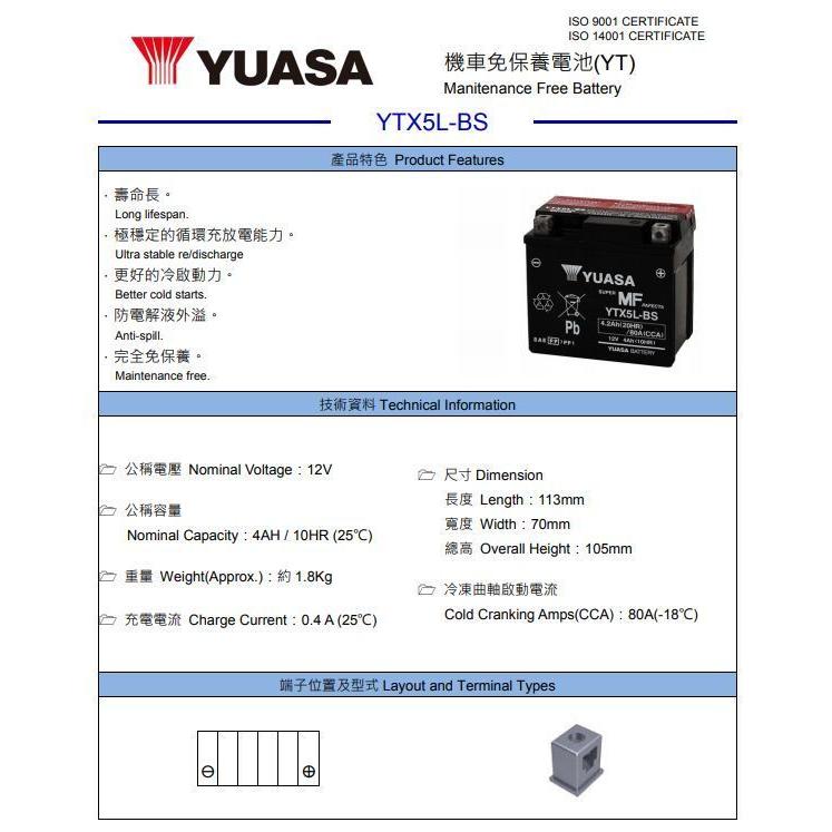 台湾ユアサバッテリー YUASA YTX5L-BS / AGMバッテリー ジョグ JOG50  JOG ZR SA36 SA39 JOG80 VOX SA31J｜e-parts｜02