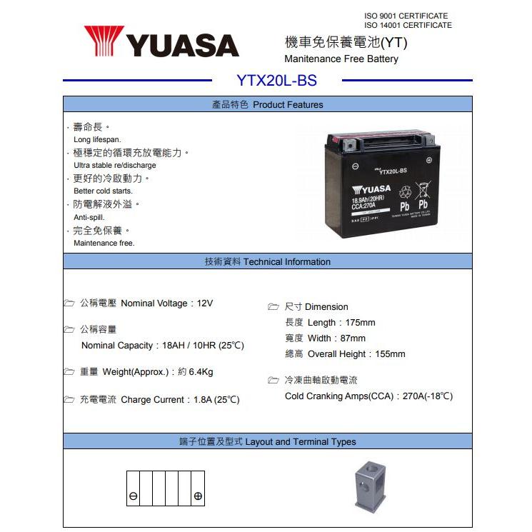 台湾ユアサバッテリー YUASA YTX20L-BS / AGMバッテリー ハーレー