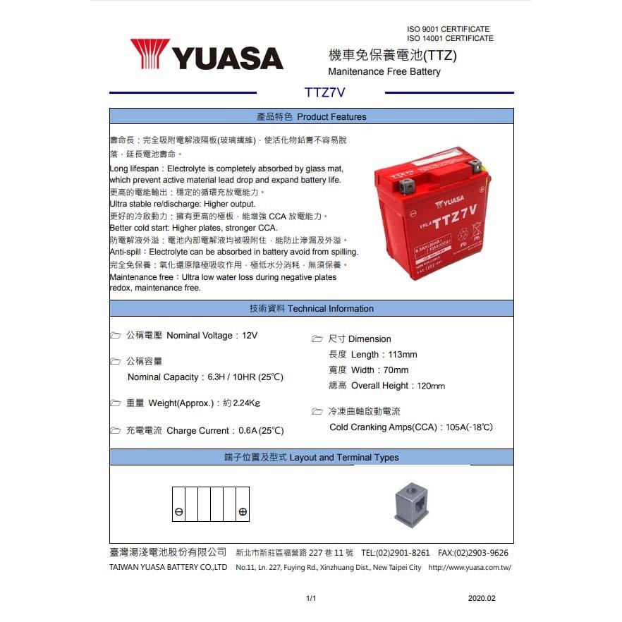 台湾ユアサバッテリー YUASA TTZ7V / AGMバッテリー 互換 YTZ7V