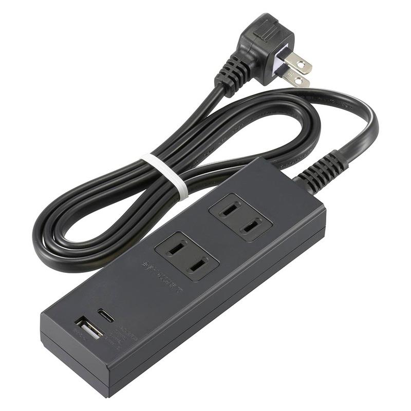 OHM（オーム電機） 電源タップ 2個口 PD対応Type-C 1m ブラック｜HS