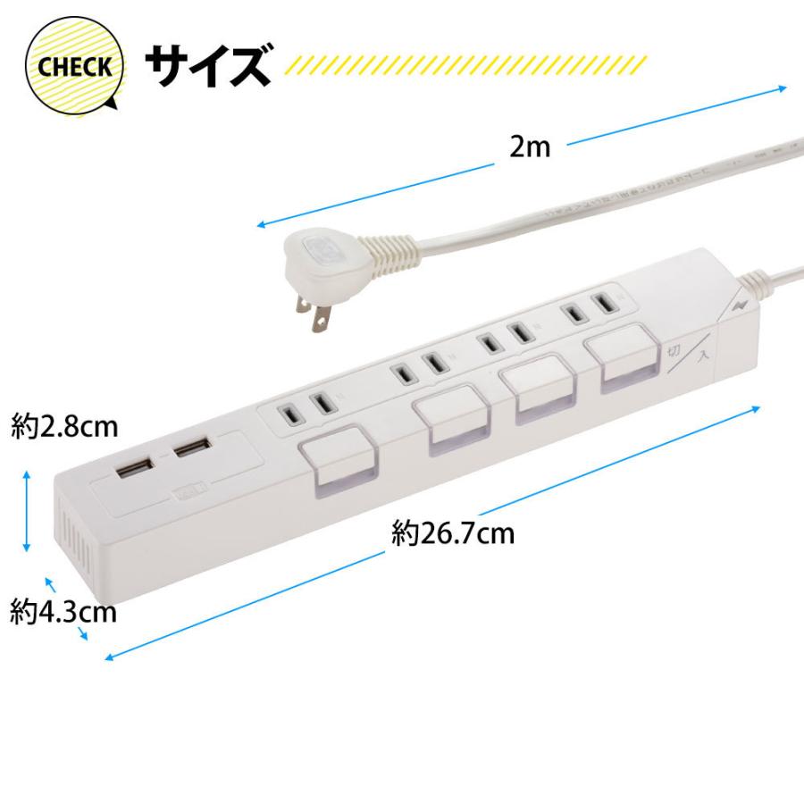 電源タップ USB充電ポート付 雷ガード 4個口/2USB 2m 白 ホワイト_HS 