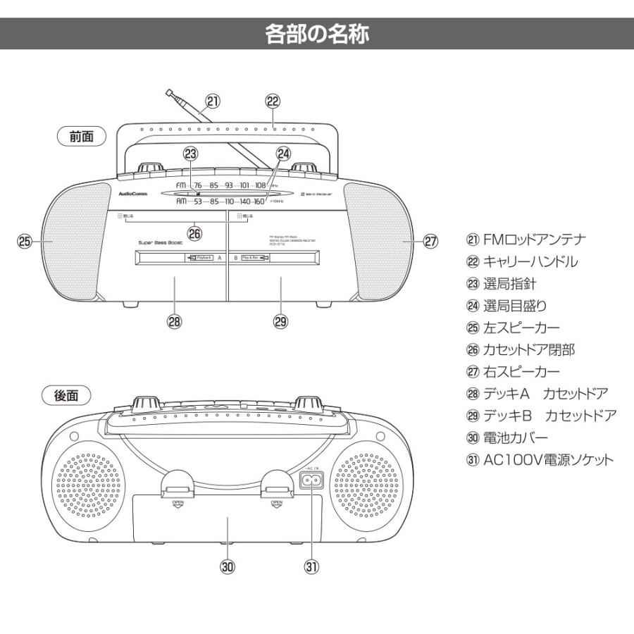 AudioComm ラジカセ ダブルラジカセ ラジオ カセットプレーヤー ダブル