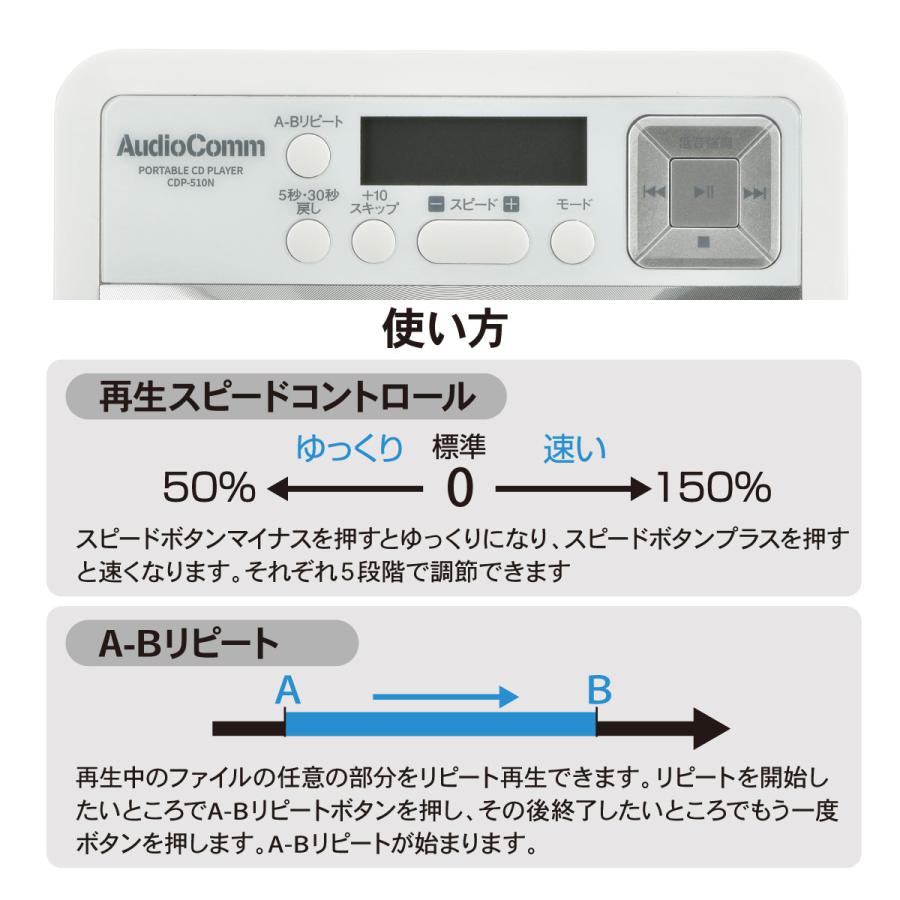 AudioComm CDプレーヤー 語学学習用ポータブルCDプレーヤー ホワイト