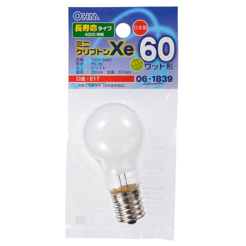 ミニクリプトン電球 E17 60W相当 54W ホワイト 日本製 LB-PS3760K-WLL 06-1839 オーム電機  :06-1839:e-プライス - 通販 - Yahoo!ショッピング