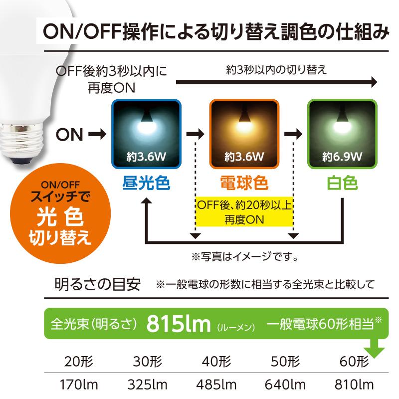 OHM（オーム電機） LED電球 E26 60形相当 3段階調色 昼光色スタート_