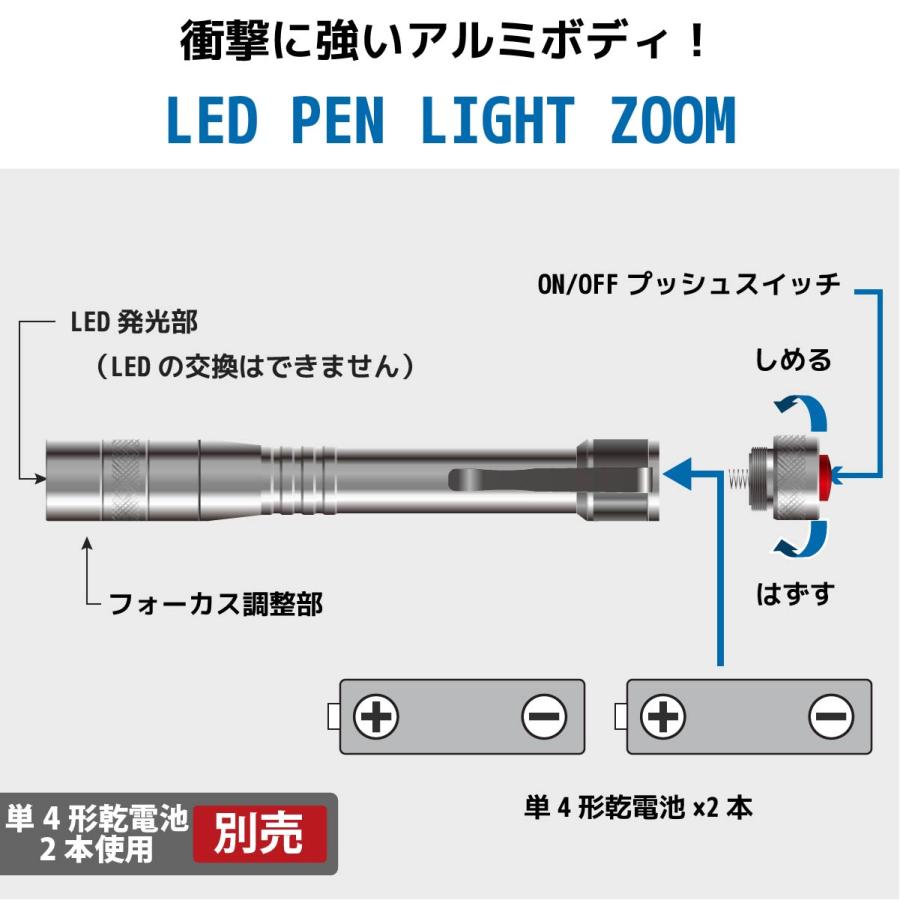 懐中電灯 防水LEDペンライト フォーカス付 200ルーメン｜LH-PY02Z-S2