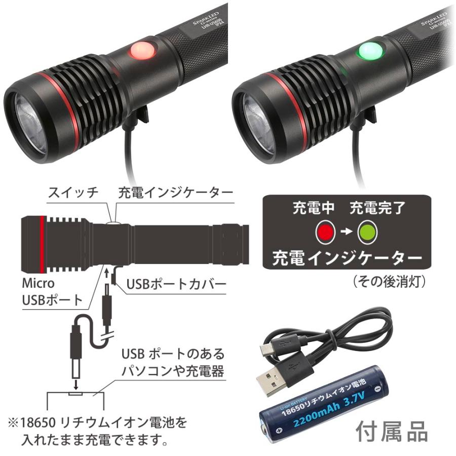 懐中電灯 LEDライト USB充電式 SPARKLED 600ルーメン｜LHR-US600-K 08