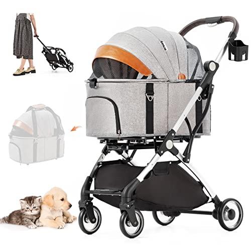 HRking.HANRAY 分離型 折りたたみ ペットカート 3wayモデル 対面式 4輪 犬用ベビーカー 前輪360°回転 後輪ブレーキ付 