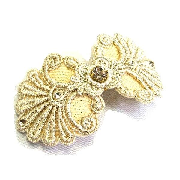 バレッタ 刺繍 リボン型 石付 10.3cm |  | 02