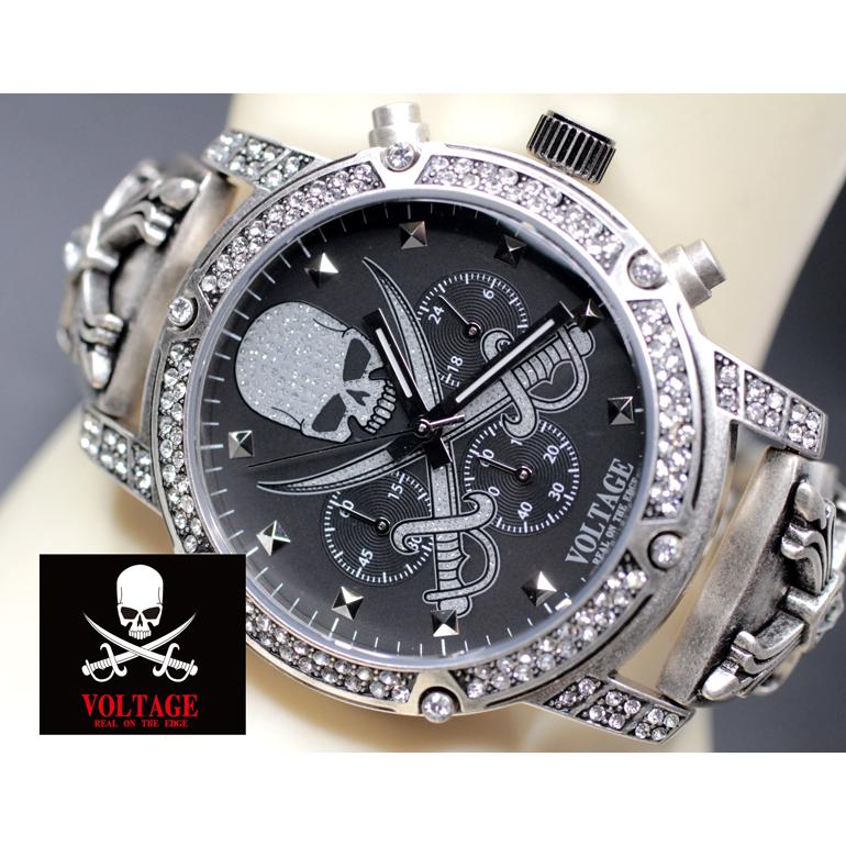 ヴォルテージ VOLTAGE 腕時計 ブラック スカル クロノグラフ メタル