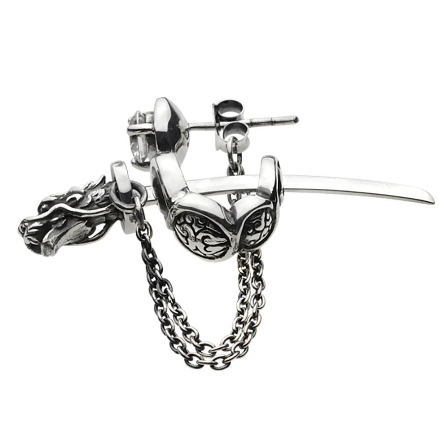 ジルコニア シルバーピアス メンズ ドラゴン ソード 龍 刀 和風 日本刀 シルバー925 大ぶり 大きめ シルバーアクセサリー fe0182の画像
