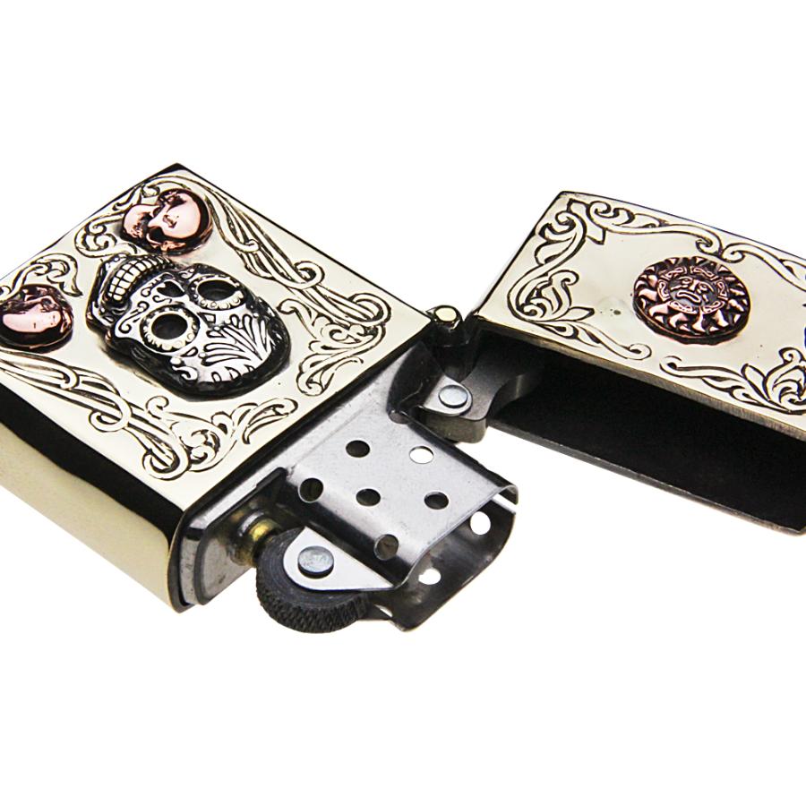 真鍮オイルライター メキシカンスカル チカーノ カラベラ スカル ドクロ サンフェイス 太陽 ZIPPO ジッポ ブラス アクセサリー s0027の画像