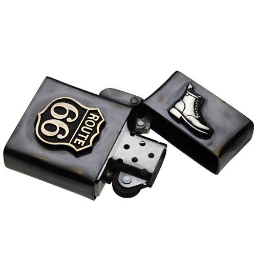 真鍮オイルライター ルート66 アメリカン アメリカンロード バイカーモチーフ ハイウェイサイン ZIPPO ジッポ ブラス アクセサリー s0045の画像