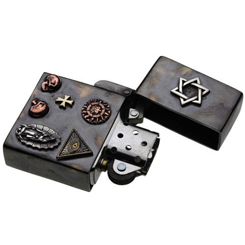 真鍮オイルライター 六芒星 メキシカン プロビデンスの目 太陽 スカル クロス 聖母マリア ZIPPO ジッポ ブラス アクセサリー s0046の画像