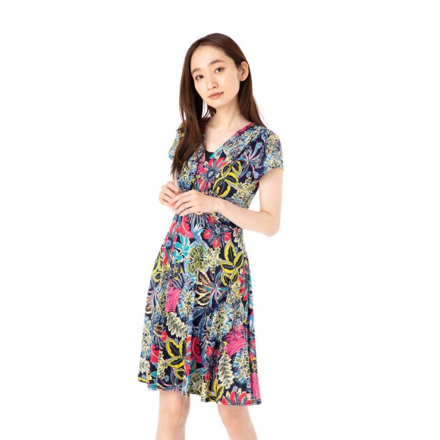 美品 ✨エジェリ 総柄ロングワンピース ブルー×イエロー　　花柄 EGERIE エジェリ(EGERIE)ワンピース T1 T2 T3 T4サイズ 半袖 膝丈