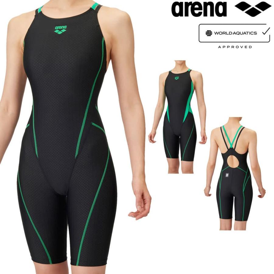 アリーナ ARENA 競泳水着 レディース WA承認 レーシングスパッツ オープンバック ハーフレッグ オールインワン AQUA RACING ECO AQUA STRIPE-D | アリーナ