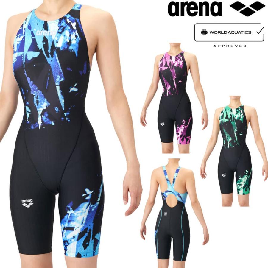 アリーナ ARENA 競泳水着 レディース WA承認 AQUA RACING ECO AQUA STRIPE-D レーシングワンピーススパッツ オープンバック ハーフレッグ AS6SRC81L | アリーナ
