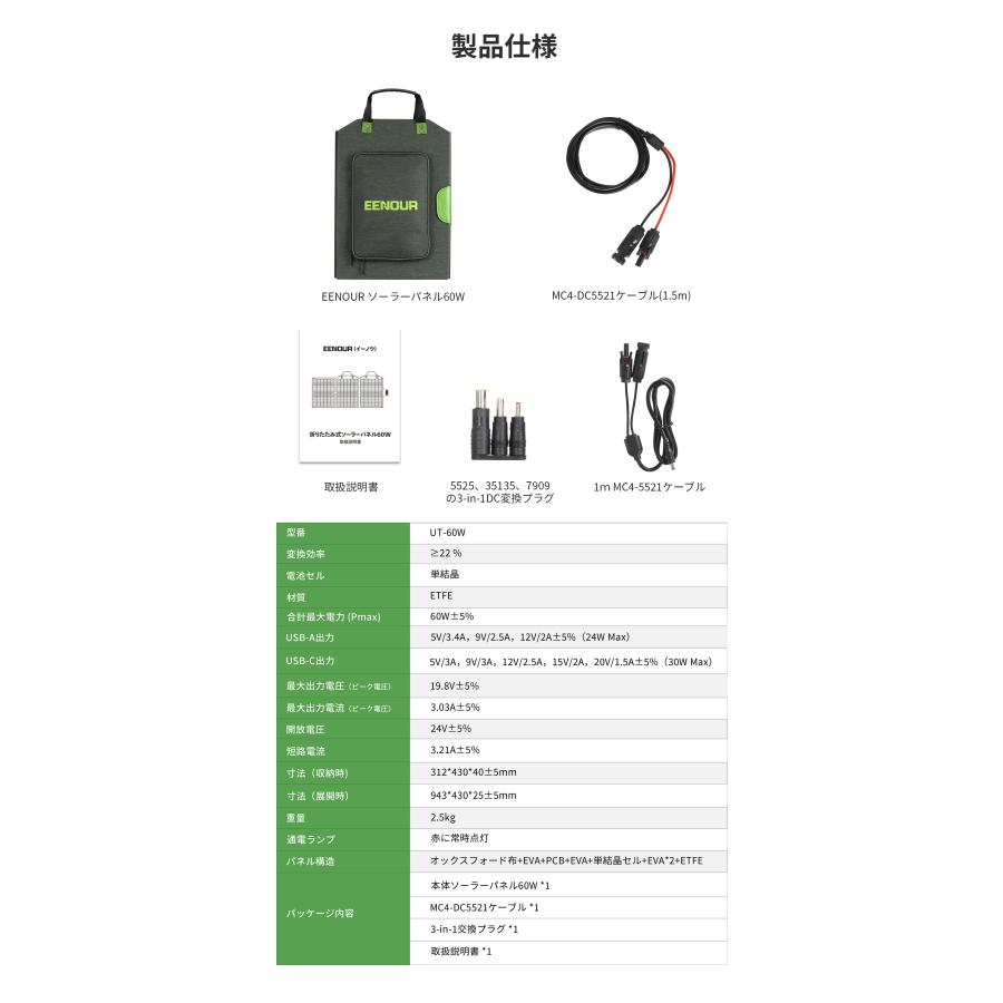 EENOUR ソーラーパネル60w 22%転換率 折りたたみ式 急速充電 ソーラーバッテリー充電器 太陽光発電 ポータブル電源 防災セット 爆買 | EENOUR | 15