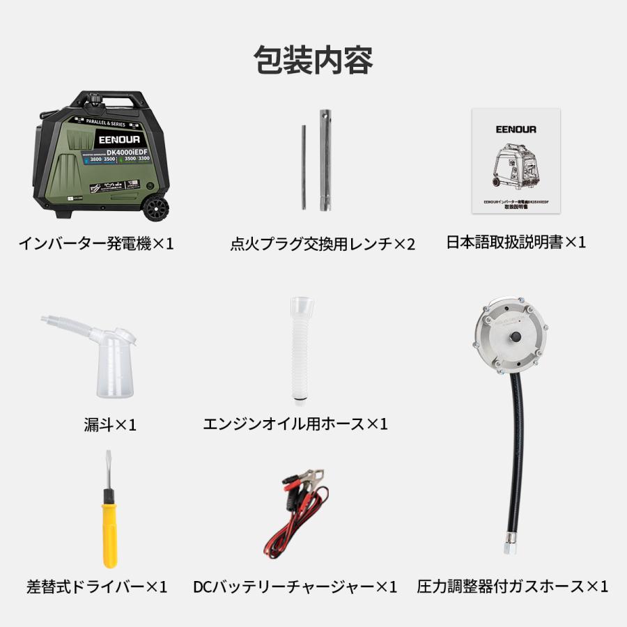 EENOUR インバーター発電機 3500W LPガス ガソリン両用 セル付き 