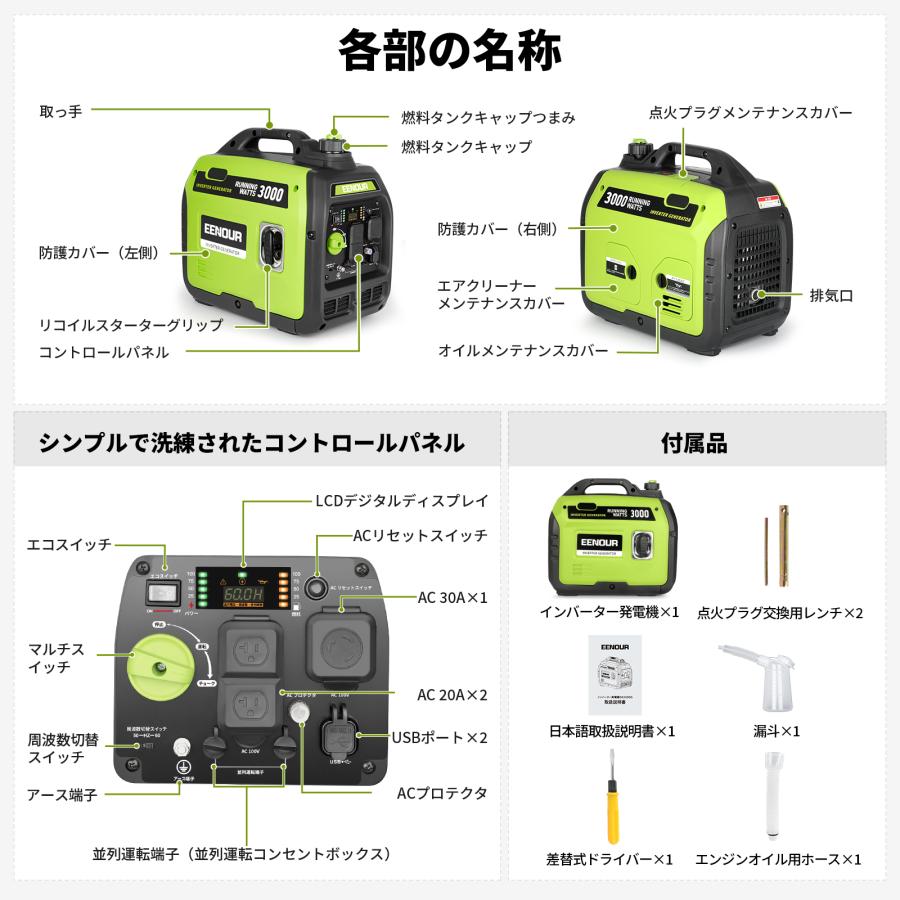 EENOUR 「カバー付きセット」 インバーター発電機 発電機 最大3.2kVA