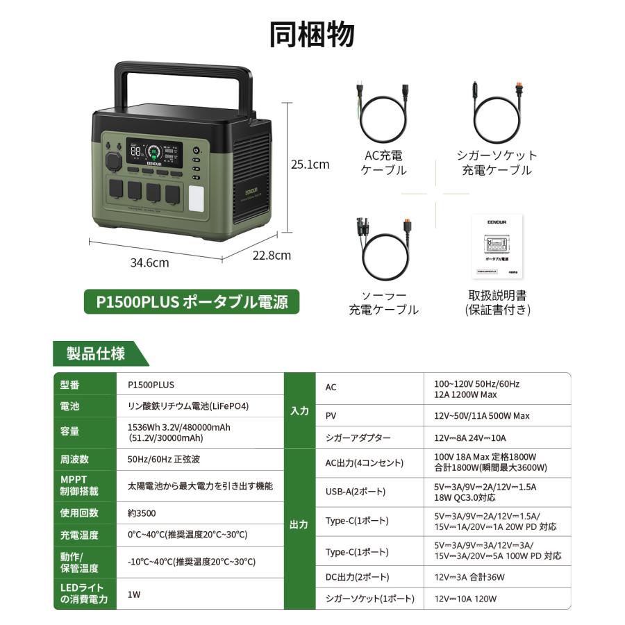 EENOUR 1536Wh/1800W 最速43分フル充電 APP対応 ポータブル電源 バッテリー 充電器 リン酸鉄リ UPS機能 1Hフル充電 P1500PLUS 爆買 | EENOUR | 19