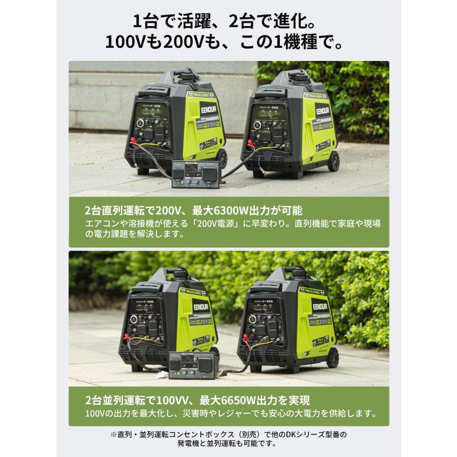 インバーター発電機 DK4000iAPS 定格出力3.5kVA セルスターター機能 正弦波 防音型 直列で200V出力可 3WAY起動 キャスター付き 高出力 軽量 静音 家庭用 ガソリン発電機 直列·並列運転 ワンプッシュ式 EENOUR インバーター発電機 3.5kVA 一発始動 最大4kVA セルスターター
