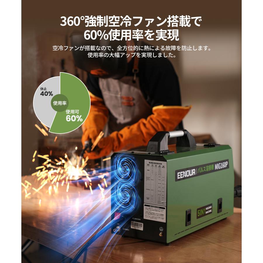 EENOUR 半自動溶接機 パルス溶接機 100V/200V兼用 アルミ溶接 1台5役 使用率60％ 160A ガス/ノンガスMIG MMA TIG溶接 プロ者 工事用 DIY MIG160P 爆買の画像