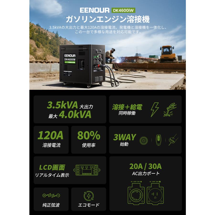 EENOUR ガソリン発電機兼用溶接機 最大4.0kVA 100V 120A 80%使用率 AC出力 アーク溶接 エンジン溶接機 静音 液晶表示 軽量 建築現場 爆買 イーノウ DK4600iWの画像