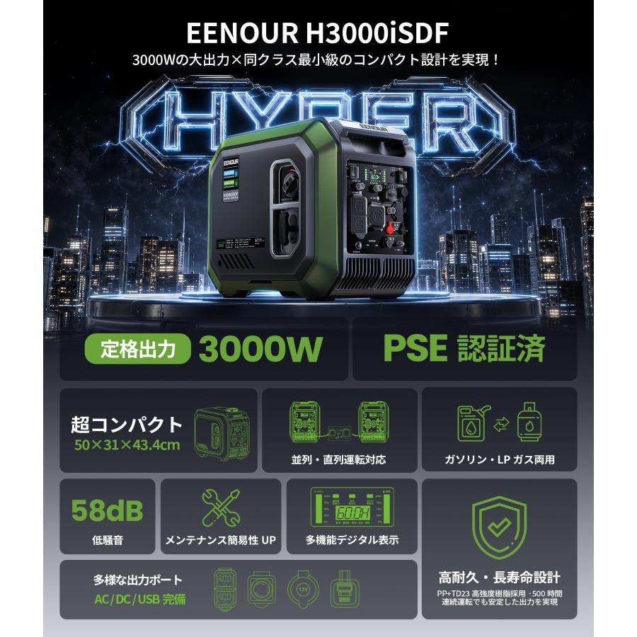 EENOUR インバーター発電機 LPガス/ガソリン両用 最大3.2kVA 超