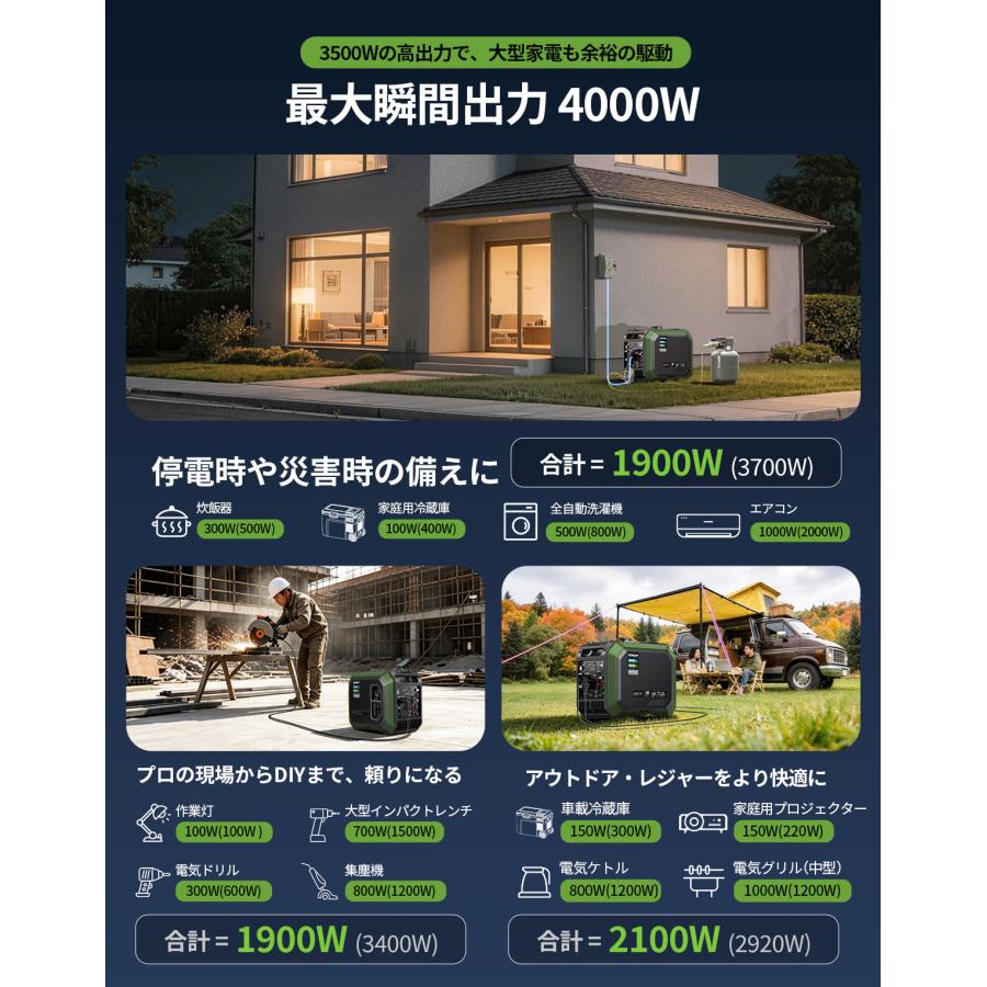 EENOUR 「セル始動」 EENOUR LPガス ガソリン両用 インバーター発電機