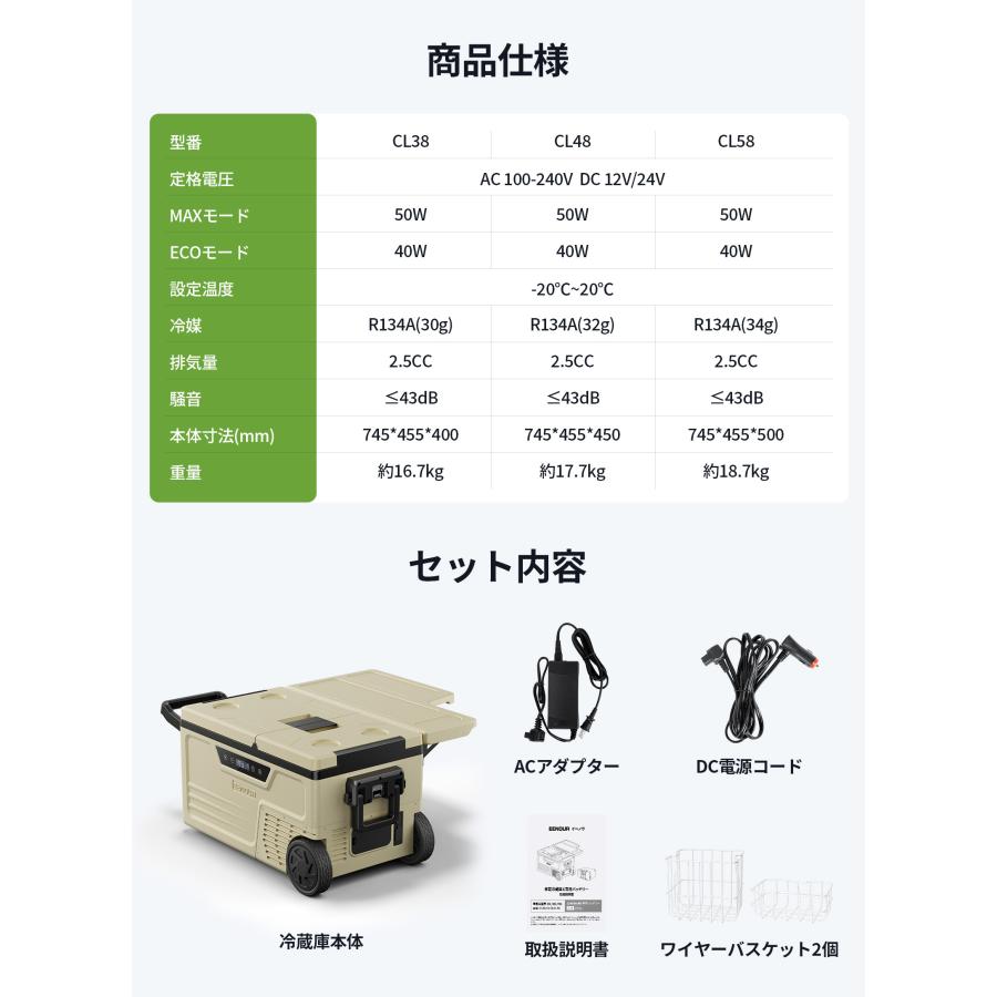 EENOUR ポータブル冷蔵庫 車載冷蔵庫 38L 48L 58L 大容量 バッテリー