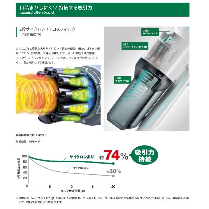 ハイコーキ R36DB(SC)(XPZ) (バッテリー1個・充電器付) 2段サイクロン式 充電クリーナー パネルスイッチ 36V HiKOKI｜e-tool-aaa｜04