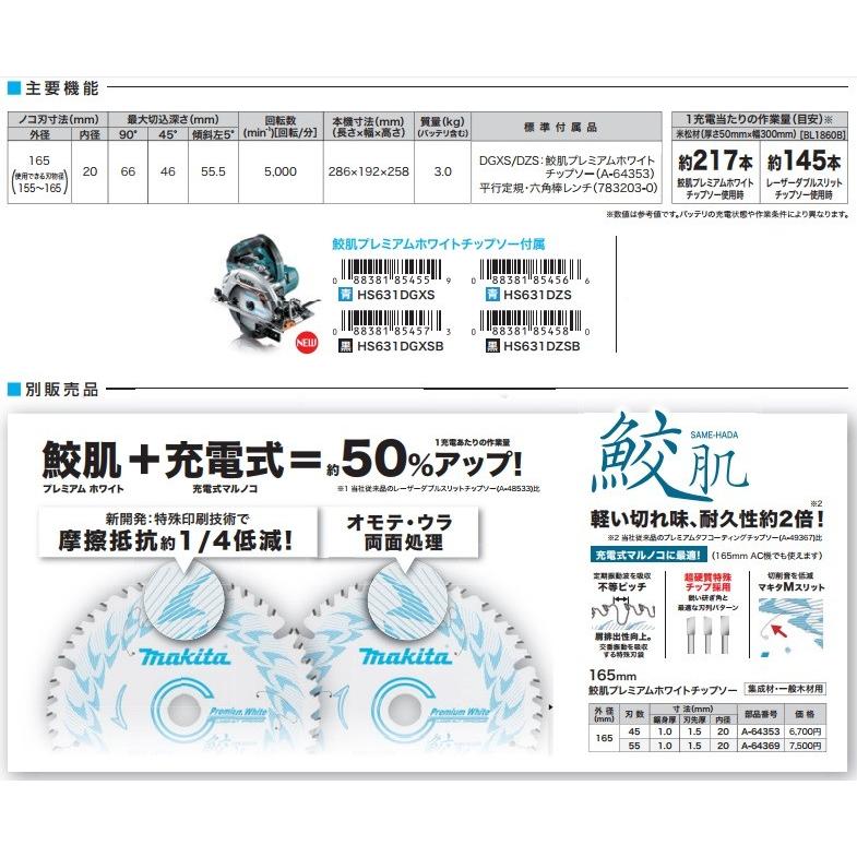 マキタ（makita） 18V 充電式マルノコ HS631DZS 鮫肌チップソー付属