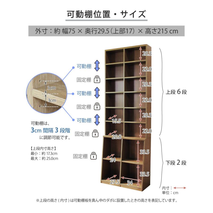 ロング書棚 幅75cm 本棚 薄型 幅75 奥行17 奥行き29.5 高さ215 8段