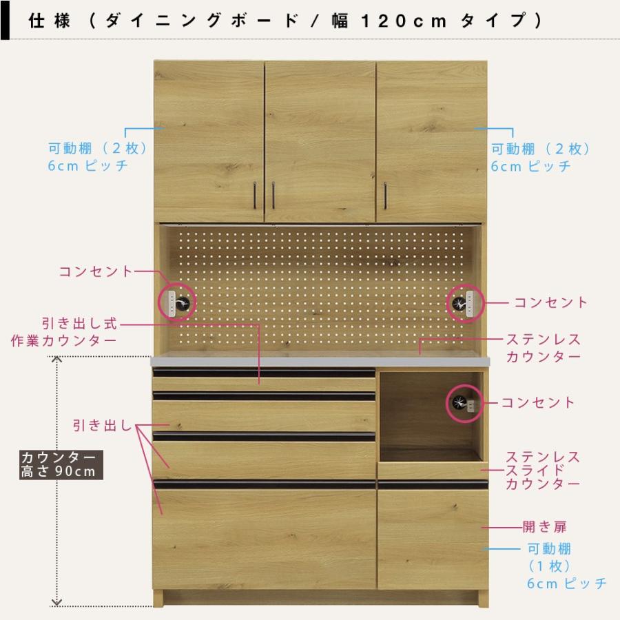 ステンレス天板 キッチンボード 食器棚 ダイニングボード カップボード 幅120cm 引き出し式 カウンター 作業台 収納棚 120KB ナチュラル 幅120 奥行48 高さ195｜e-unit｜08