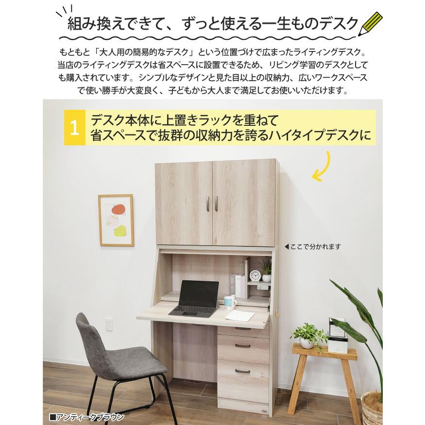 ライティングデスク 幅90cm デスク+上置き 扉付き 2点セット ライティングデスク 幅90cm デスク+上置き 扉付き 2点セット